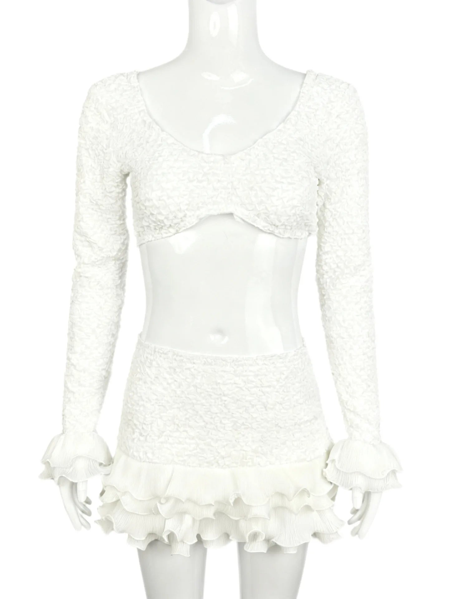 Women's White Ruffle Crop Top and Skirt Set