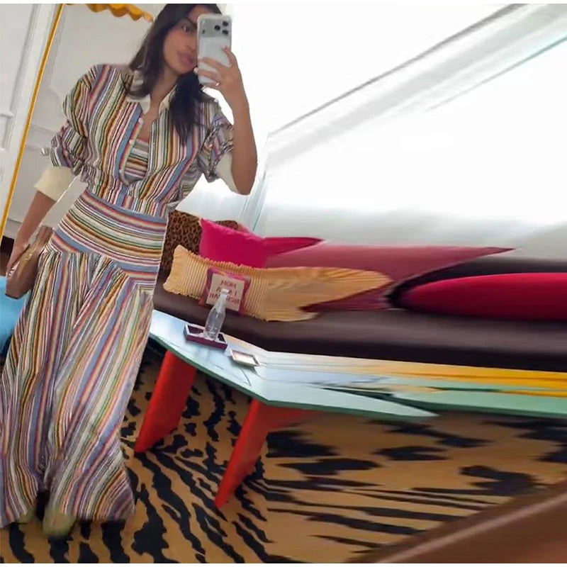 Women's Striped Shirt and Pleated Maxi Skirt Set