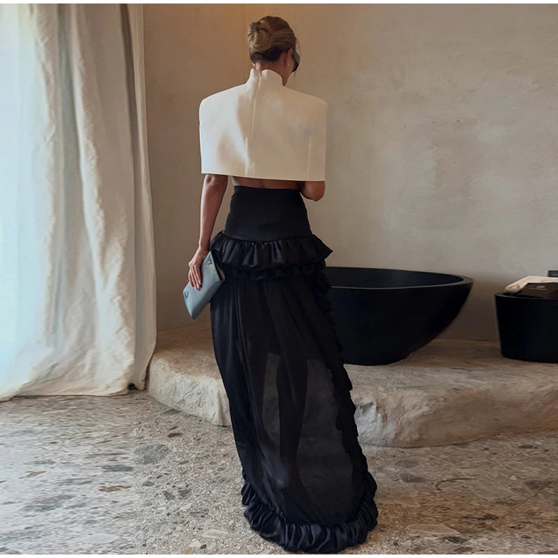 Women's Cape Crop Top and Pleated Mini Skirt Set