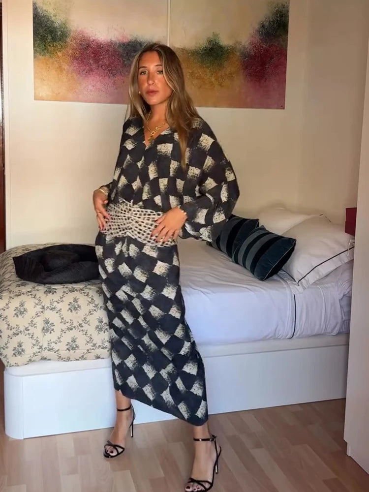 Women's Plaid Batwing Sleeve Maxi Dress