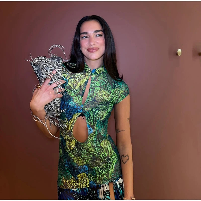 Jungle Butterfly Print High Slit Midi Dress