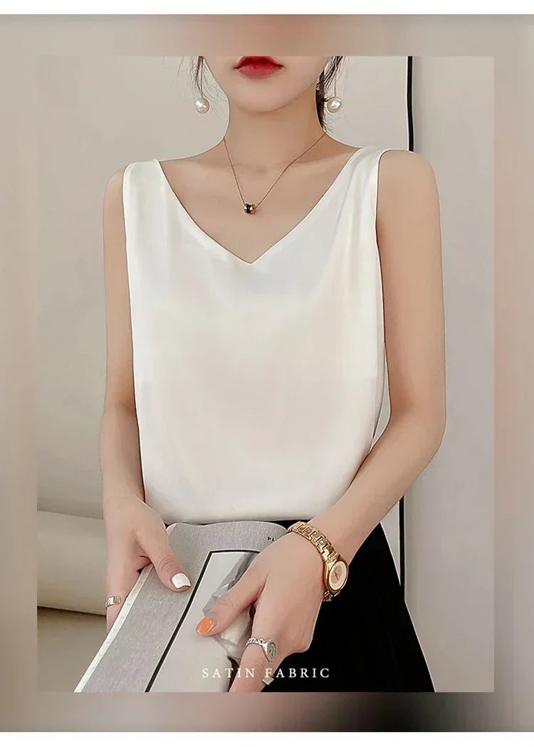 Summer New Silk Top Special Offer Sexy Strap Women's V-neck Printed Letter Tank Top Korean Fashion Solid Color Thin T-shirt