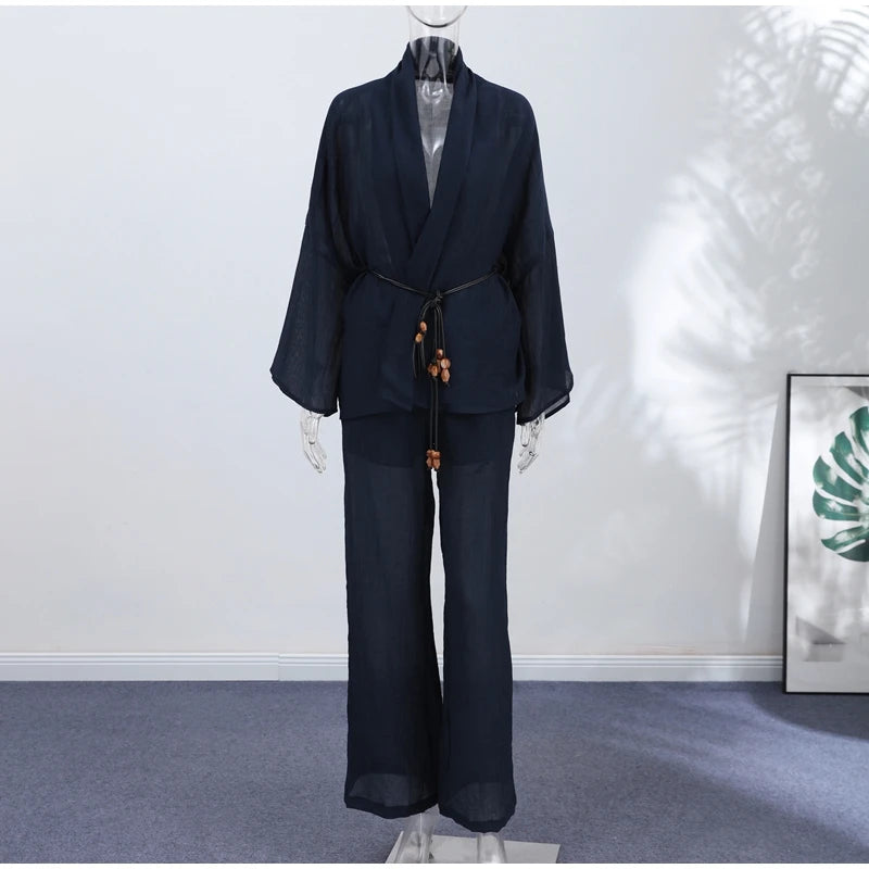 Casual Pleated Cardigan Pants Set V-neck Drop Shoulder Flared Sleeves Belt Waist Shirt Wide Leg Pants 2026 Chic Lightweight Sets