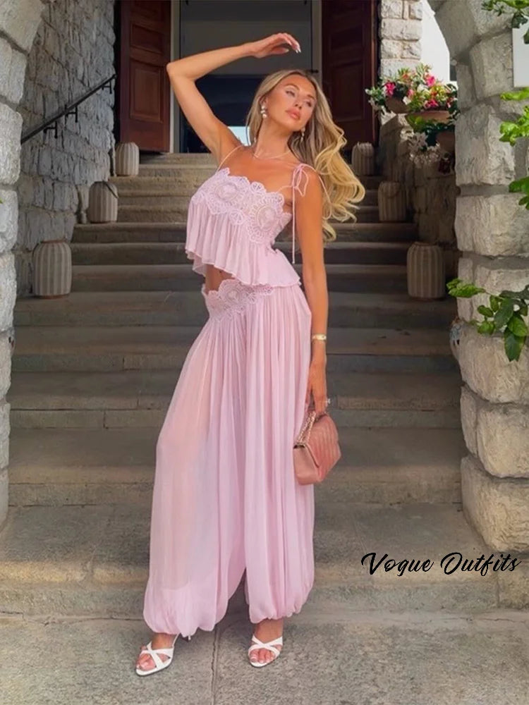 Beach Floral Lace Hollow Out Women Pants Sets 2 Pieces Adjustable Tie Backless Tops Loose Pleated Lantern Pant Summer New Suits