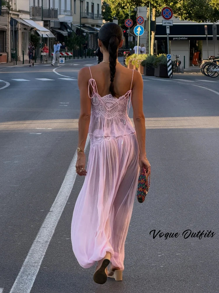 Beach Floral Lace Hollow Out Women Pants Sets 2 Pieces Adjustable Tie Backless Tops Loose Pleated Lantern Pant Summer New Suits