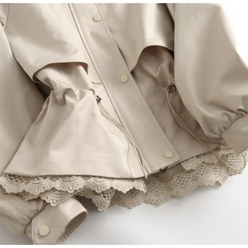 Women's Lace Trim Stand Collar Trench Coat