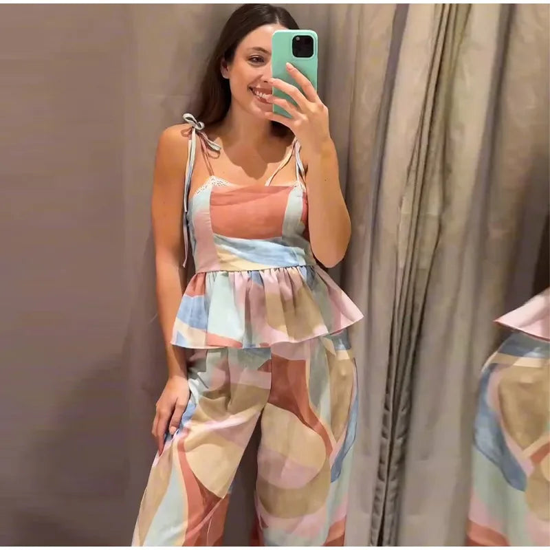 Women's Pastel Print Cami Top and Wide Leg Pants Set