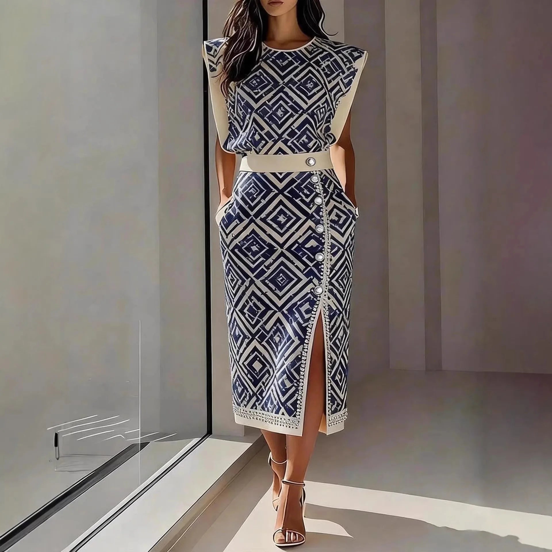 Women's Print Vest and Slim Skirt Two-Piece Set