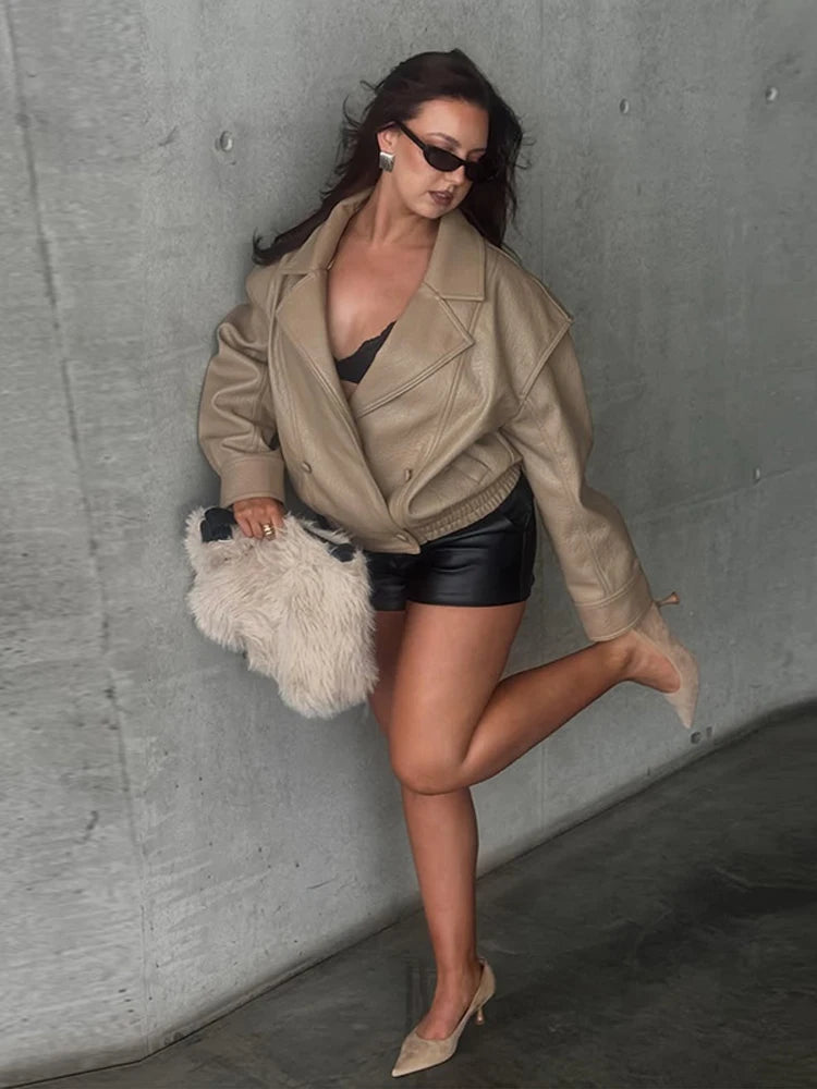 Casual Solid Pu Jackets Women Fashion Loose Khaki Lapel Double Breasted Leather Coat Female 2026 Autumn Lady Outwears Chic