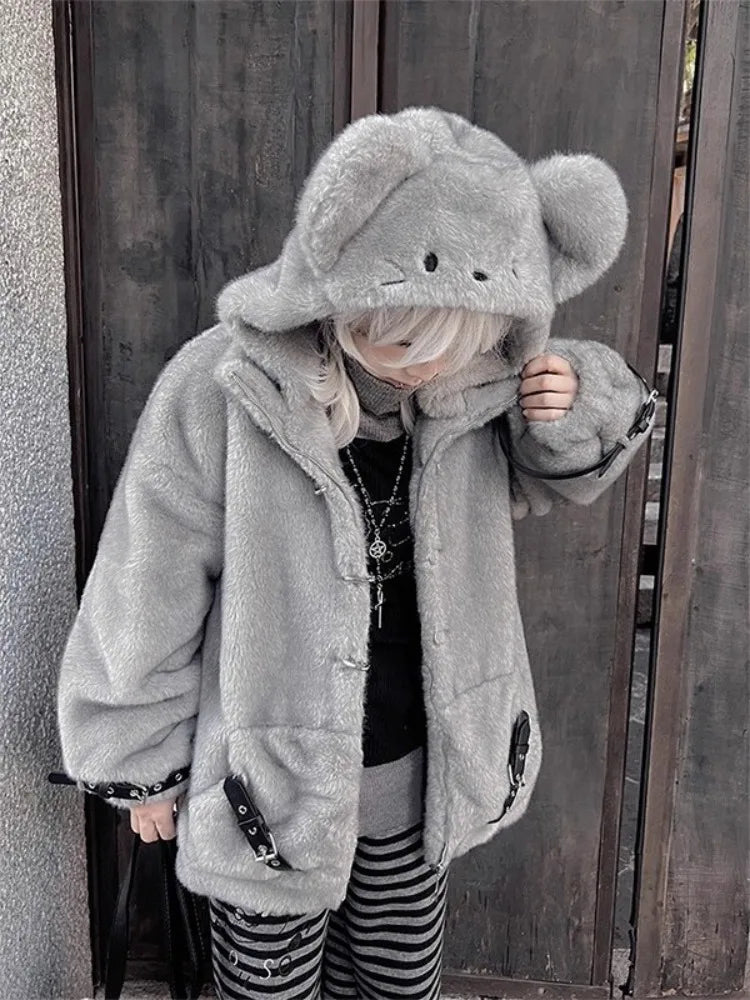 Women's Mouse Ear Hooded Faux Fur Coat