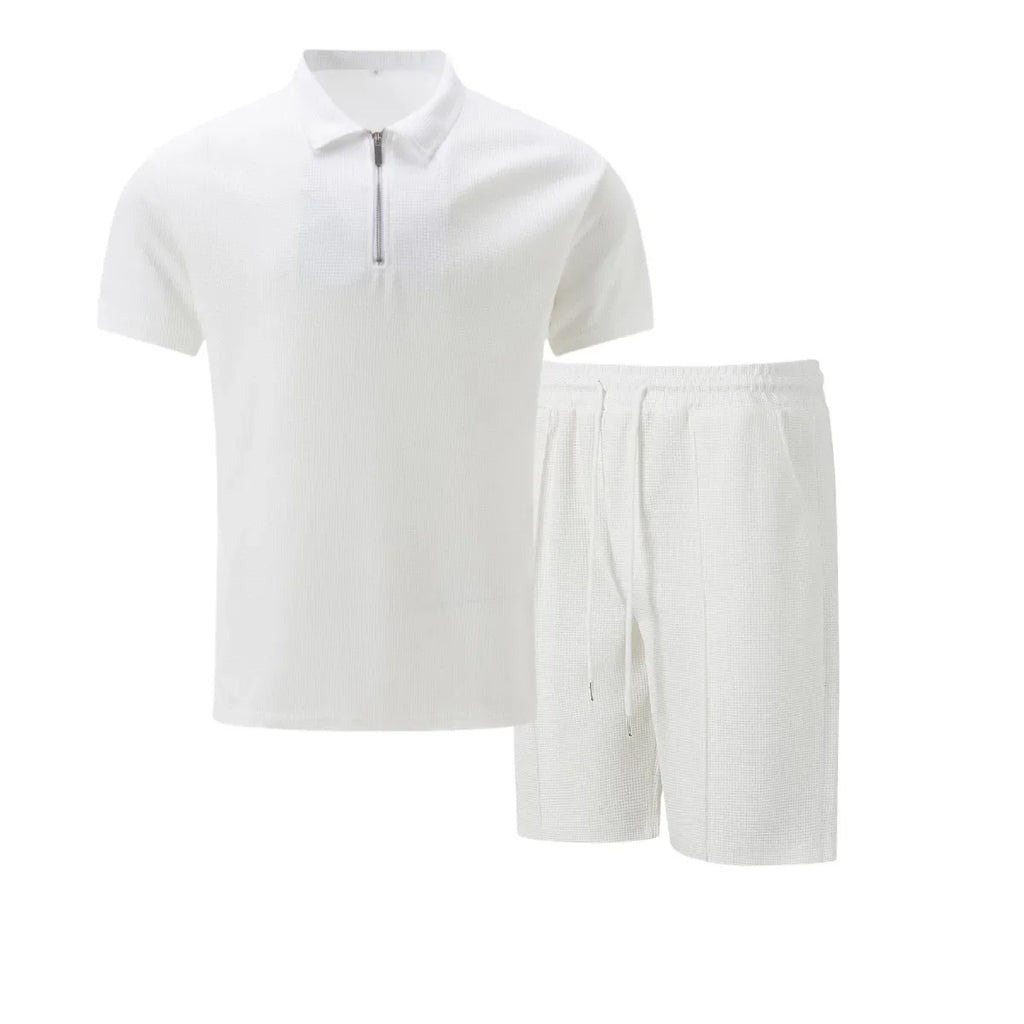 Men's Summer Waffle Short-Sleeve Suit Shorts Zip-Up Lapel Solid Color Two Sets Europe And US Style 2026