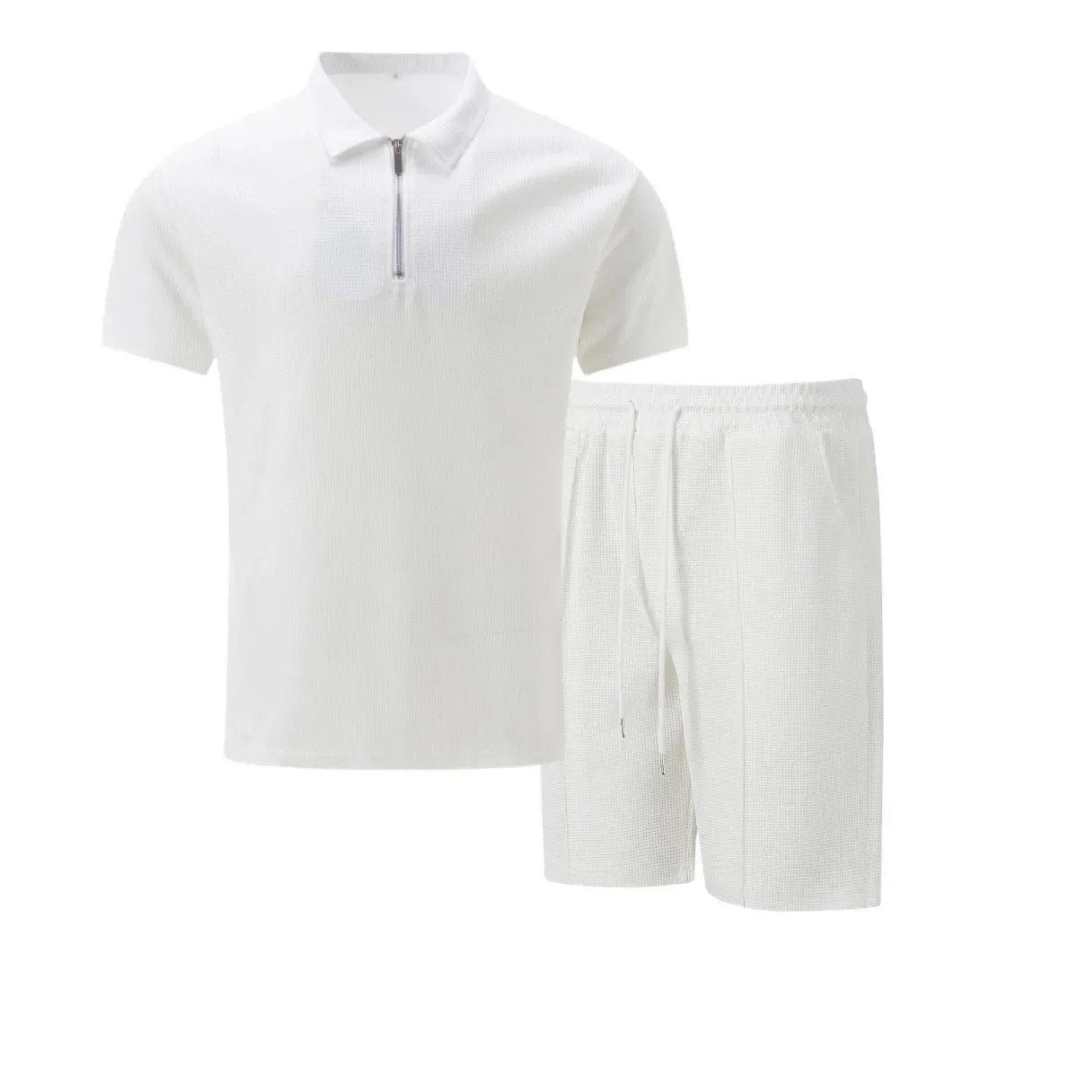 Men's Summer Waffle Short-Sleeve Suit Shorts Zip-Up Lapel Solid Color Two Sets Europe And US Style 2026