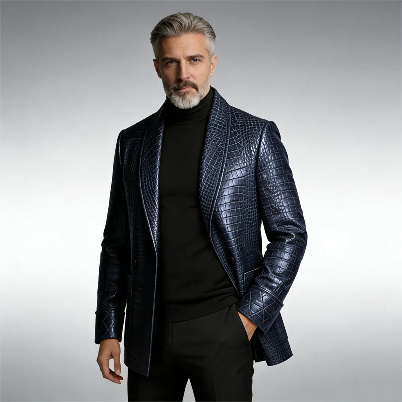 Men's Crocodile Pattern Leather Blazer 1 Button Shawl Collar Tuxedo Jacket Formal Business Wedding Coat Luxury Suit Outerwear