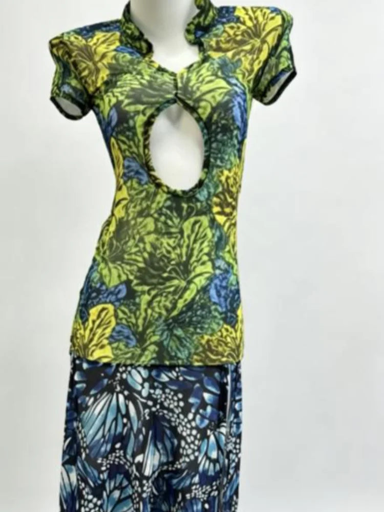 Jungle Butterfly Print High Slit Midi Dress