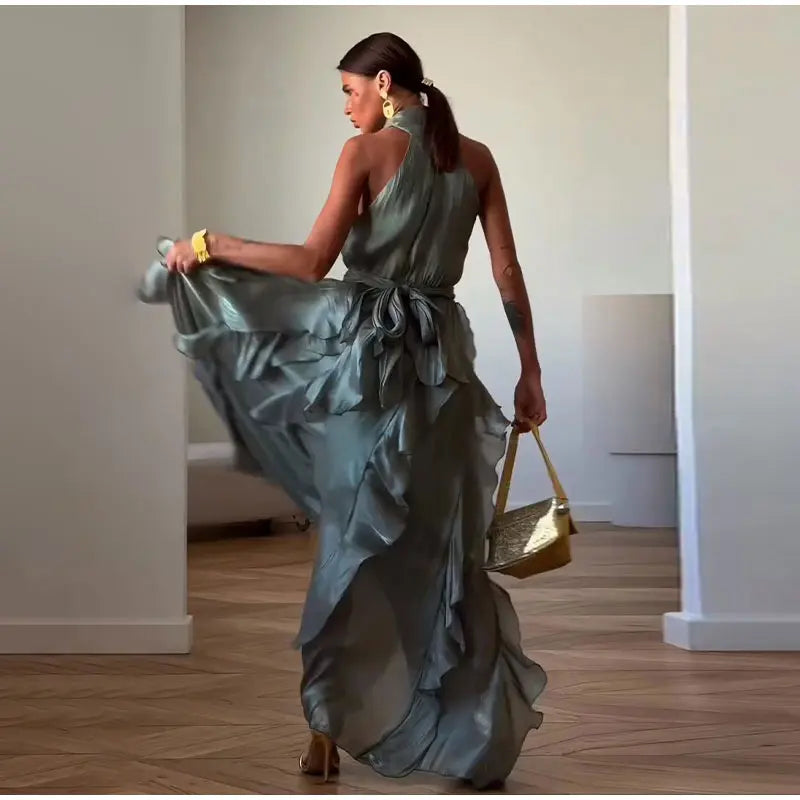 Women's Cascading Ruffle Lace-Up Long Dress