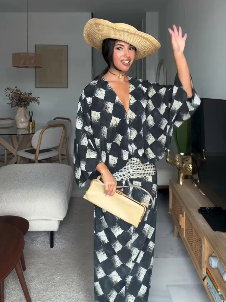 Women's Plaid Batwing Sleeve Maxi Dress