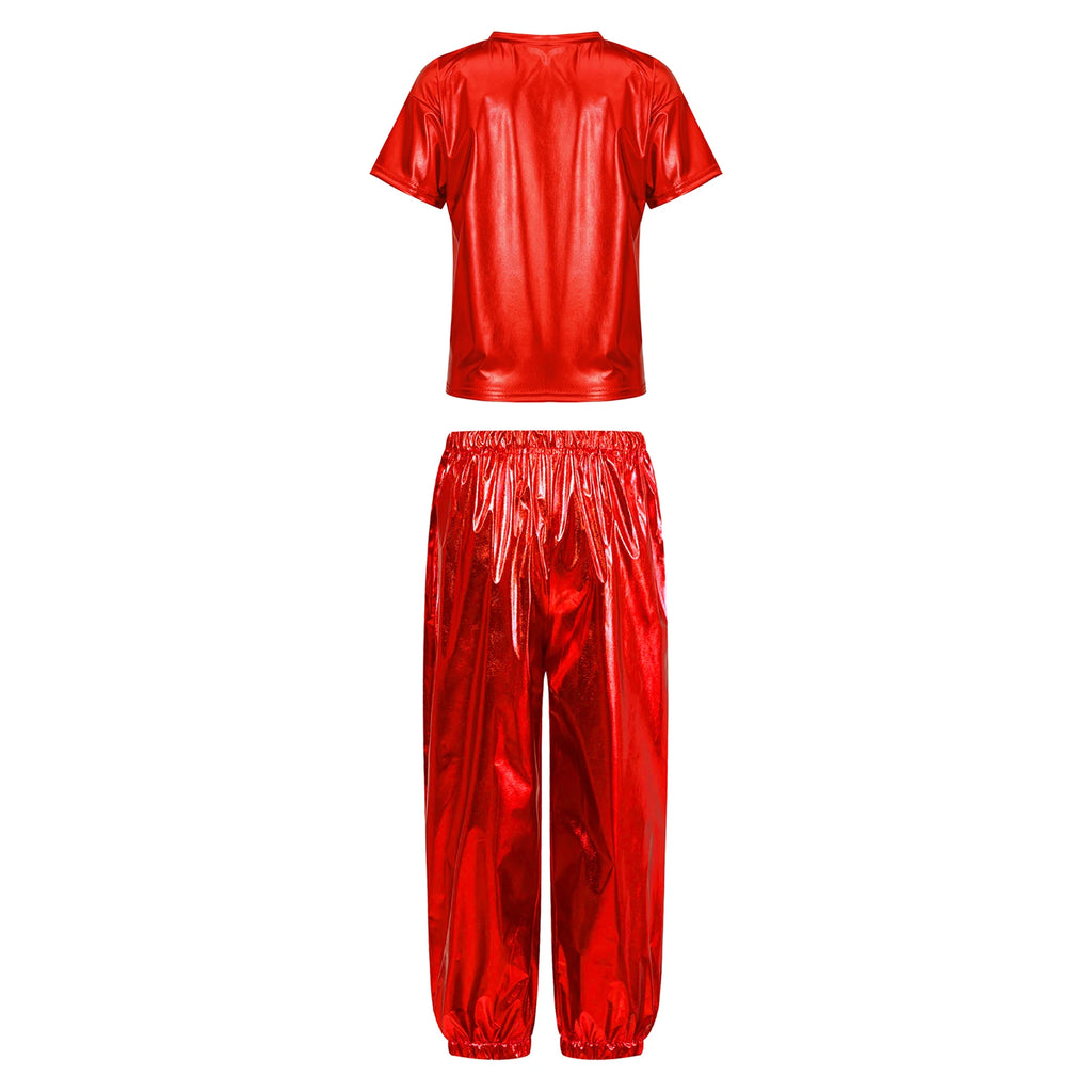 Kids Girls Boys Fashion Clothes Set Metallic Shiny T-shirt with Pants Suit for Jazz Hip Hop Street Dance Performance Costume