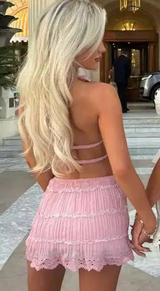 Women's Halter Ruffled Crop Top and Mini Skirt Set