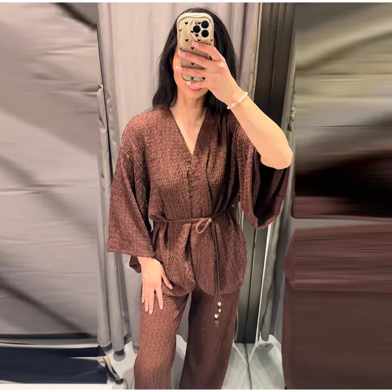Casual Pleated Cardigan Pants Set V-neck Drop Shoulder Flared Sleeves Belt Waist Shirt Wide Leg Pants 2026 Chic Lightweight Sets