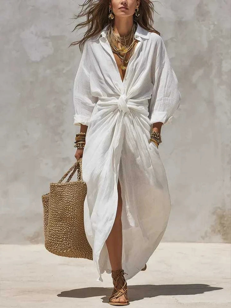 Women's Boho Linen Maxi Shirt Dress