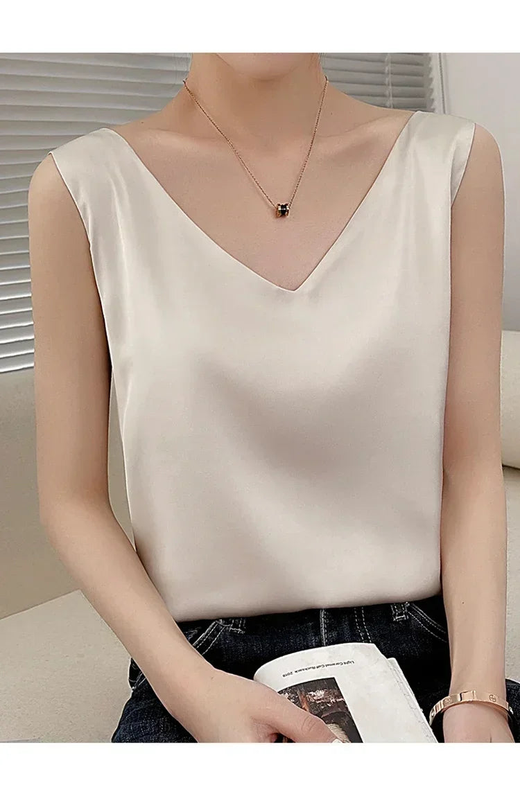 Summer New Silk Top Special Offer Sexy Strap Women's V-neck Printed Letter Tank Top Korean Fashion Solid Color Thin T-shirt