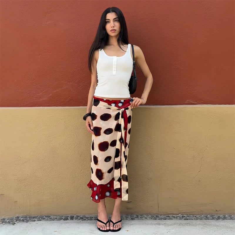 Women's Dot Print Long Sleeve Split Midi Dress