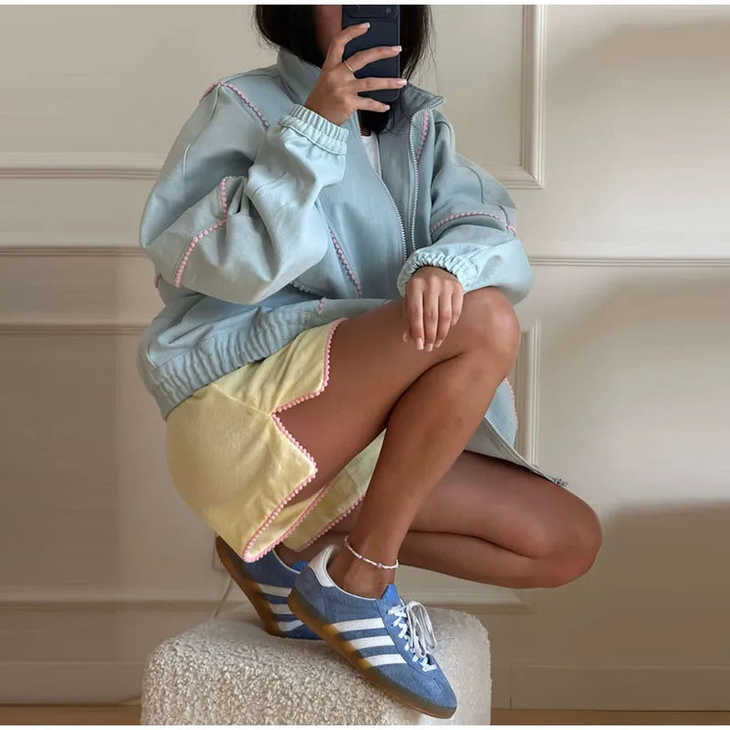 Women's Denim Stand Collar Bomber Jacket
