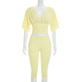 Joskaa Casual Solid 2 Piece Sets Women Sexy V-Neck Ruched Half Sleeve Top and Tight Cropped Pants Matching Tracksuits Streetwear