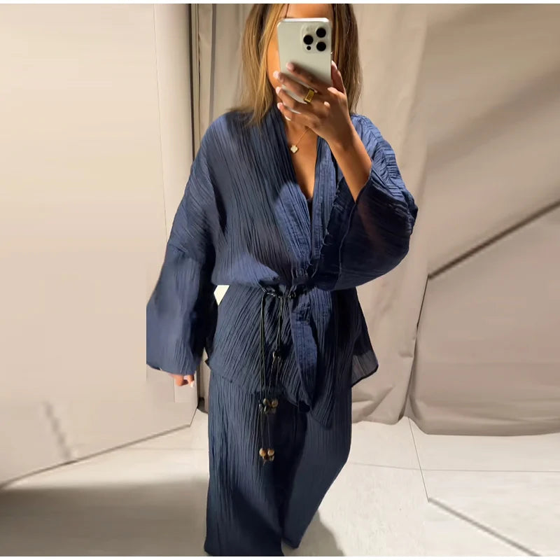 Casual Pleated Cardigan Pants Set V-neck Drop Shoulder Flared Sleeves Belt Waist Shirt Wide Leg Pants 2026 Chic Lightweight Sets