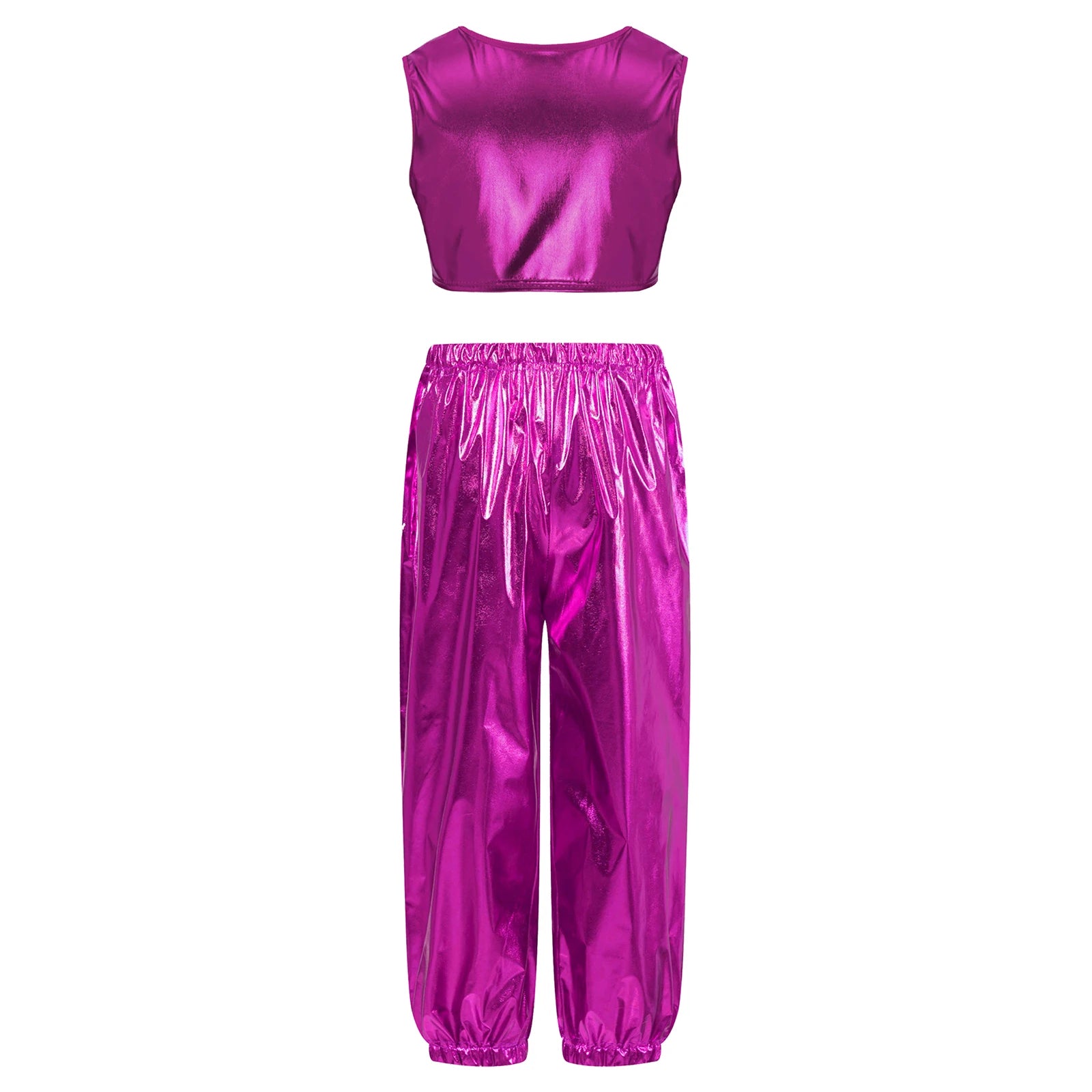 Kids Girls Boys Fashion Clothes Set Metallic Shiny T-shirt with Pants Suit for Jazz Hip Hop Street Dance Performance Costume