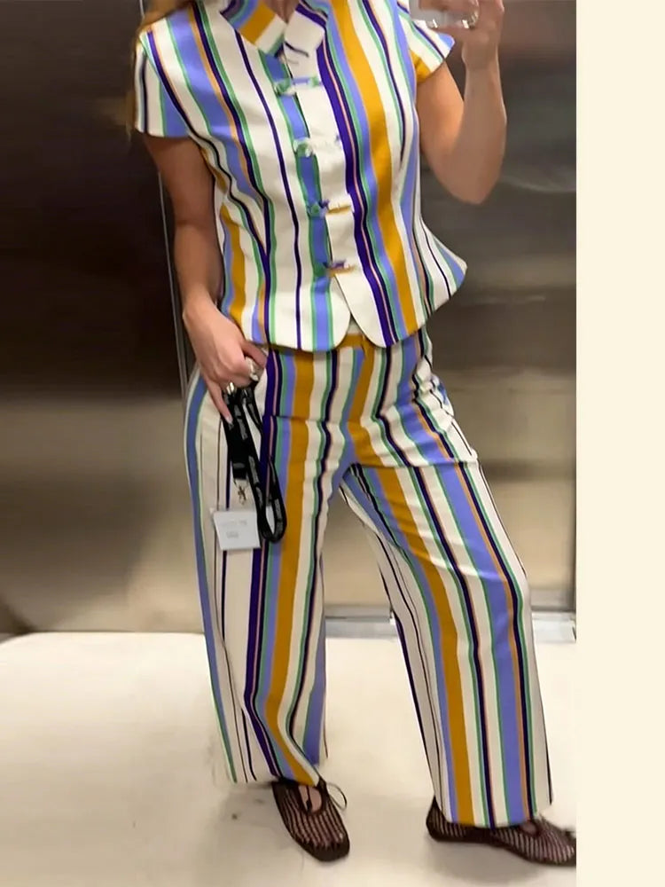 Women's Matching Sets Color Stripe Mandarin Collar Crop Top Straight Pants Set Vintage Blouse Casual Vacation Outfit Summer Suit