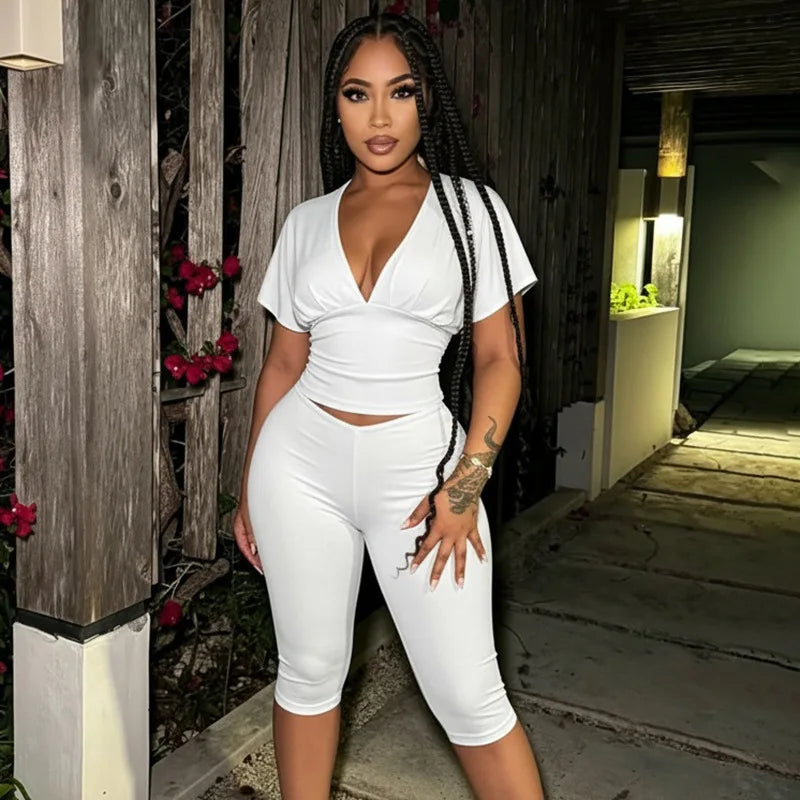 Joskaa Casual Solid 2 Piece Sets Women Sexy V-Neck Ruched Half Sleeve Top and Tight Cropped Pants Matching Tracksuits Streetwear