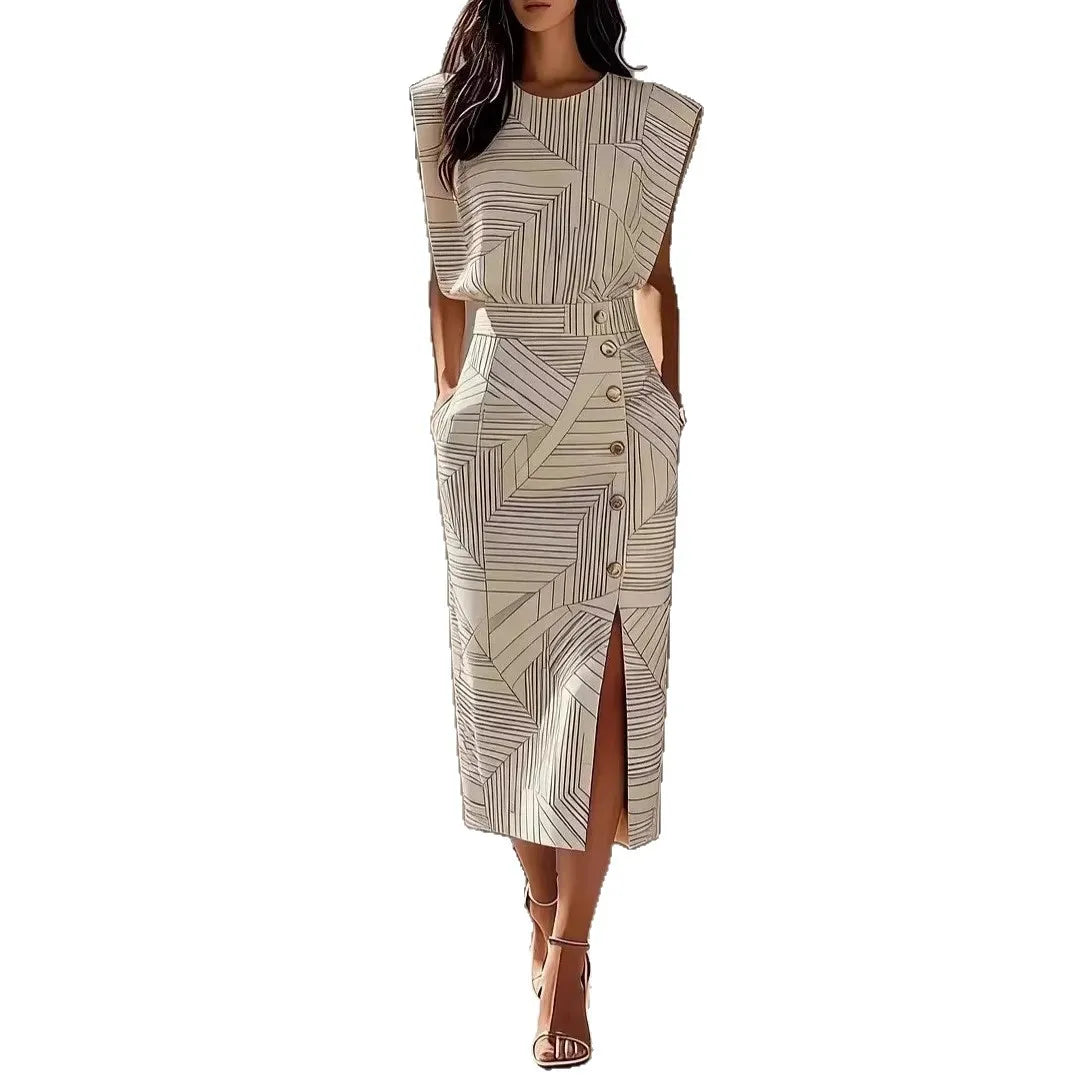 Women's Print Vest and Slim Skirt Two-Piece Set