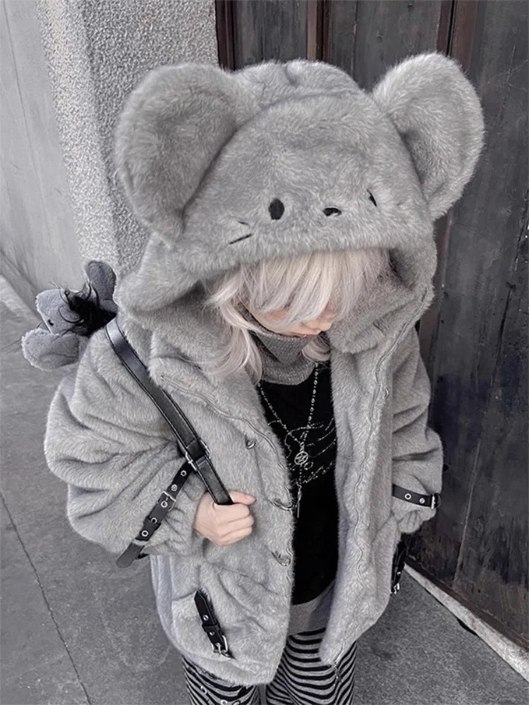 Women's Mouse Ear Hooded Faux Fur Coat