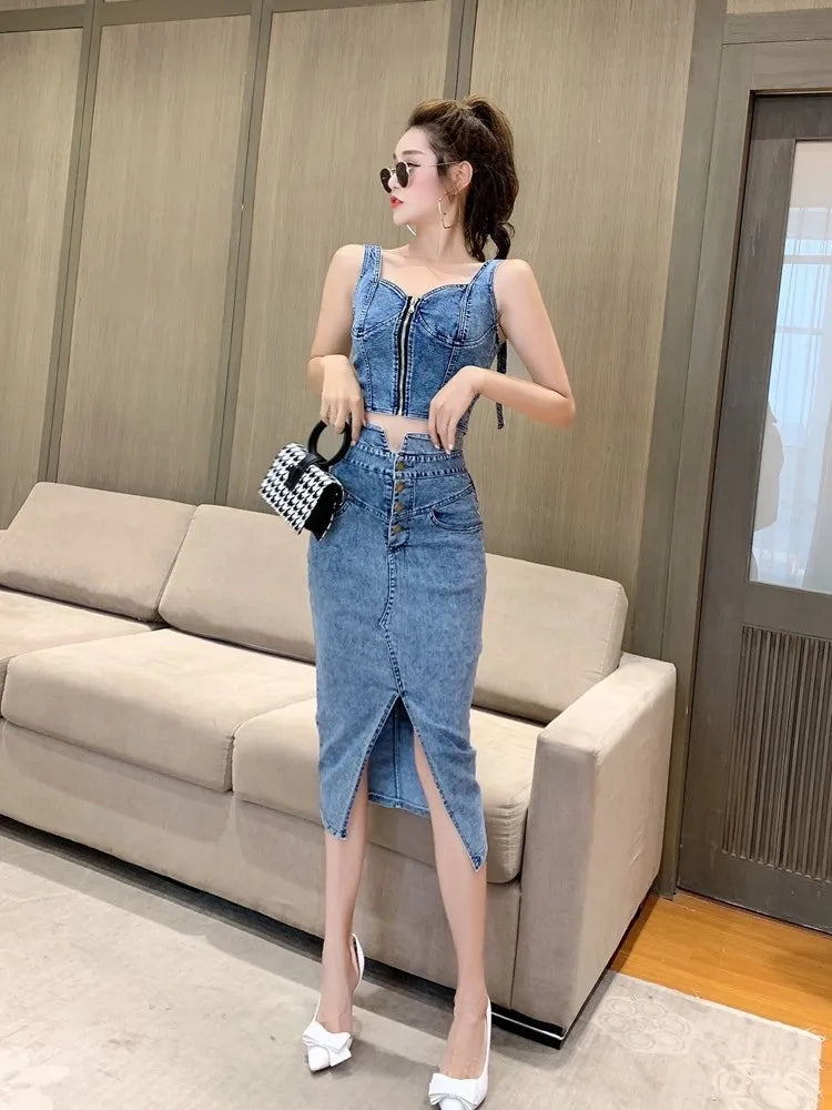 Women's Denim Top and Midi Skirt 2-Piece Set