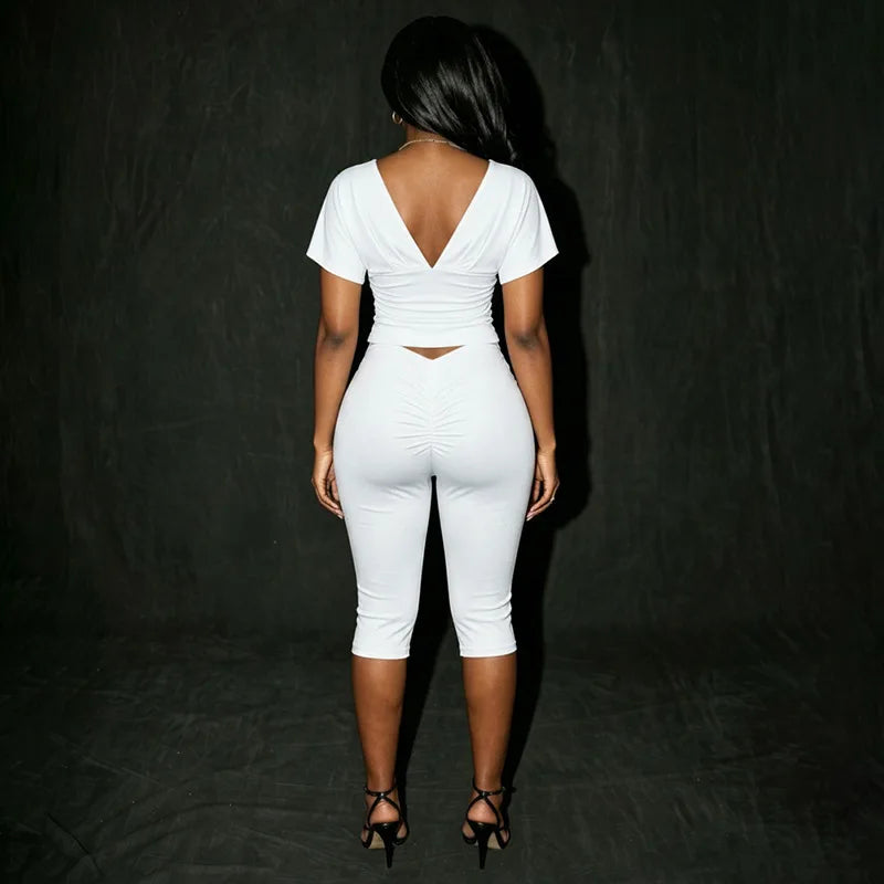 Joskaa Casual Solid 2 Piece Sets Women Sexy V-Neck Ruched Half Sleeve Top and Tight Cropped Pants Matching Tracksuits Streetwear
