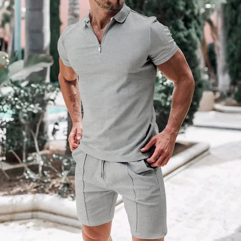 Summer New Men's Suit Fashion Printing Lapel Zipper 2 Piece Set Short-sleeved T-shirt and Shorts Sportswear Beach Suit