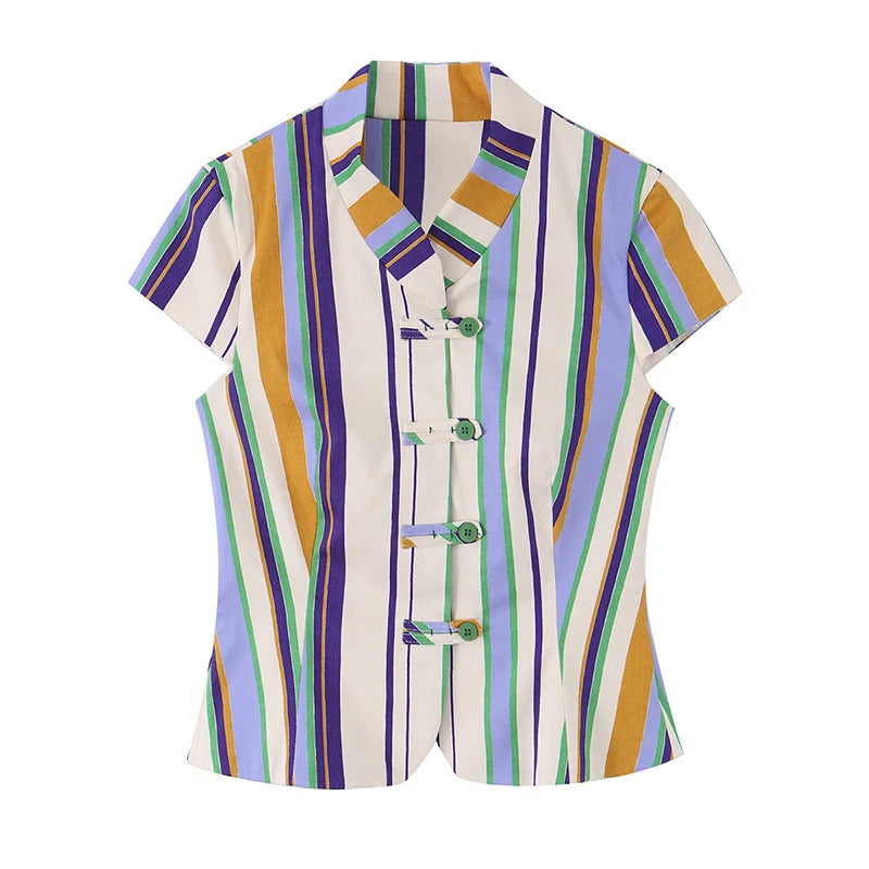 Women's Matching Sets Color Stripe Mandarin Collar Crop Top Straight Pants Set Vintage Blouse Casual Vacation Outfit Summer Suit