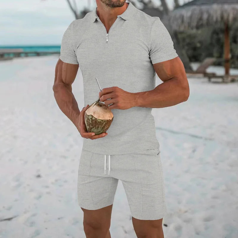 Men's Comfortable Short-Sleeved Waffle Polo Shirt And Shorts Set - Breathable Lightweight Spring/Summer Clothing