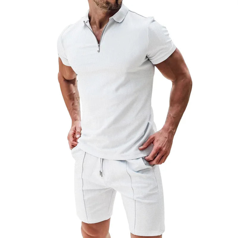 2026 Men Europe and the United States new summer Waffle solid color zip-up lapel short-sleeve suit shorts two sets