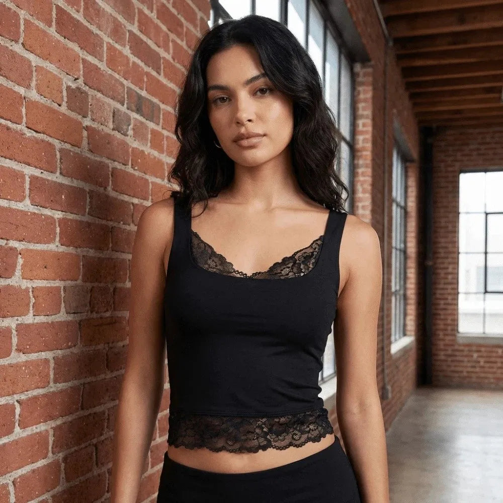 Ins Style Sleeveless Slim Lace Crop Top Solid Color V-neck Lace Sling Tank Bottoming Shirt Patchwork Spaghetti Y2k Top Summer