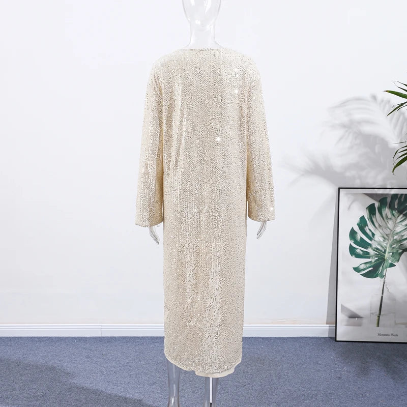 2026 Autumn Sequined Women Long Jacket Urban Full Sleeve Lining Pleated V-neck Cardigan Female Streetwear Fashion Lady Outwear