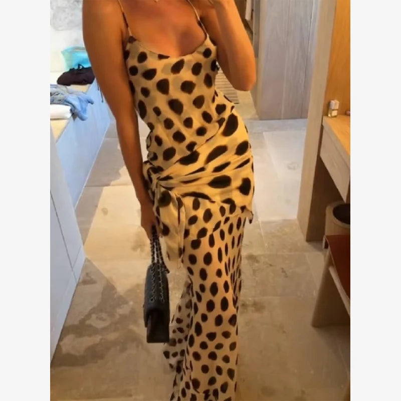 Women's Dot Print Long Sleeve Split Midi Dress