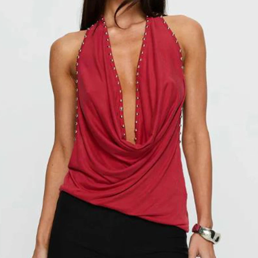 Women’s Streetwear Rivet Studded Halter Tank Tops Summer Fashionable Slim Fit Cowl Neck Backless Vest