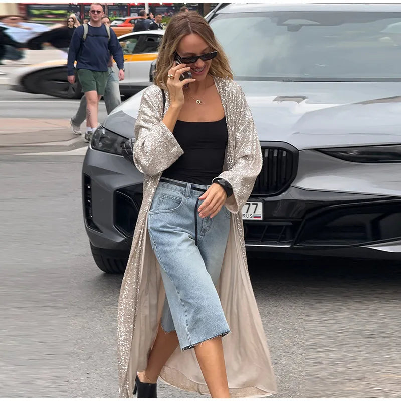 2026 Autumn Sequined Women Long Jacket Urban Full Sleeve Lining Pleated V-neck Cardigan Female Streetwear Fashion Lady Outwear