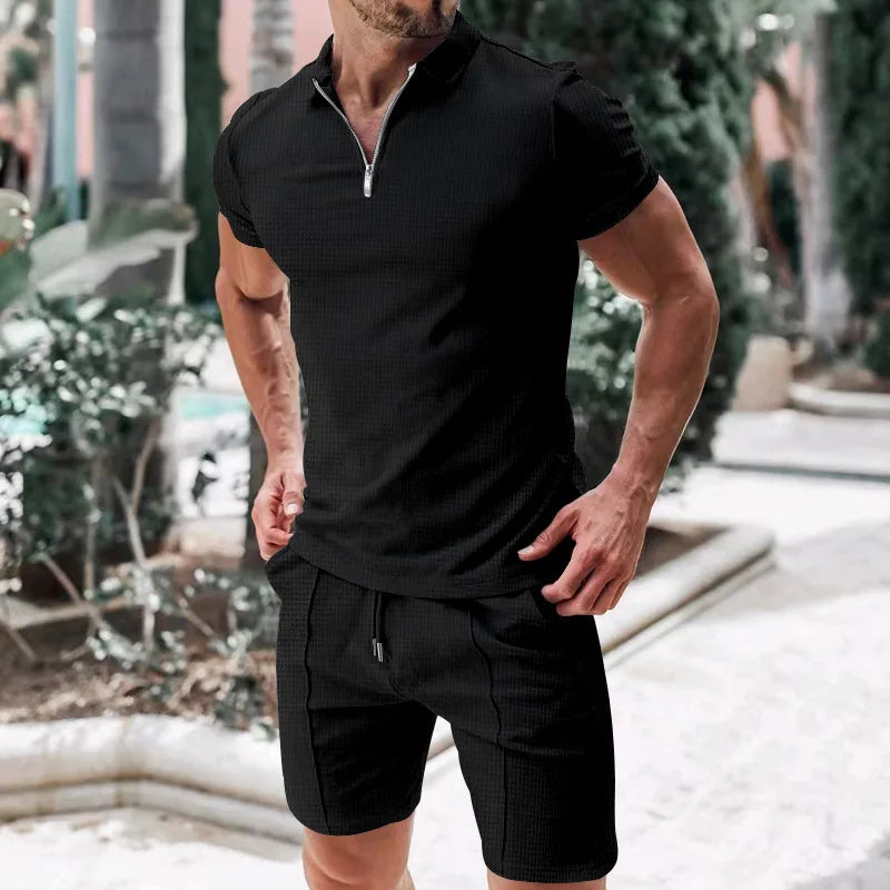 Summer New Men's Suit Fashion Printing Lapel Zipper 2 Piece Set Short-sleeved T-shirt and Shorts Sportswear Beach Suit