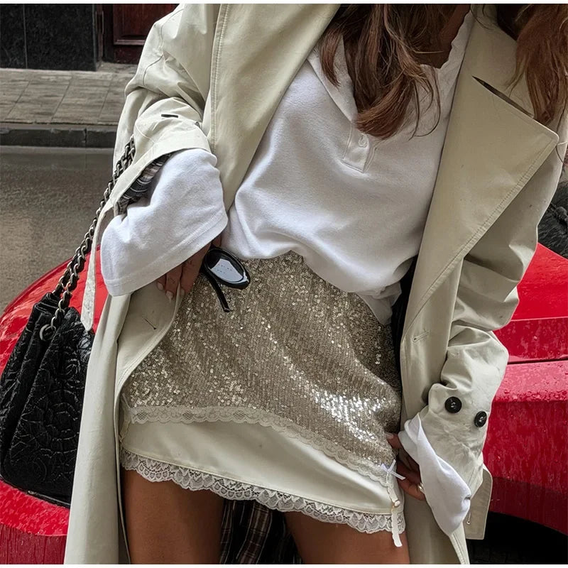 Sexy Lace Trim Irregular Hem Top Sequin Skirt Set Satin Split Patchwork Backless Sling Tops Mini Skirts 2026 Summer Lady Suit