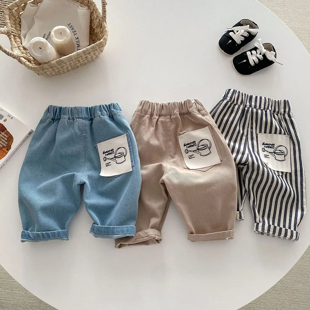 New Autumn Kids Tapped Casual Striped Pants 0-5T Girls Boys Fashion Stripe Trousers Children Solid Denim Jeans Britches