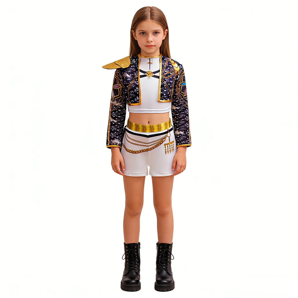 Girls Sequin Hip Hop Dance Outfit Set Crop Top Jacket Shorts with Purple Braid Wig Kids Jazz Stage Costume