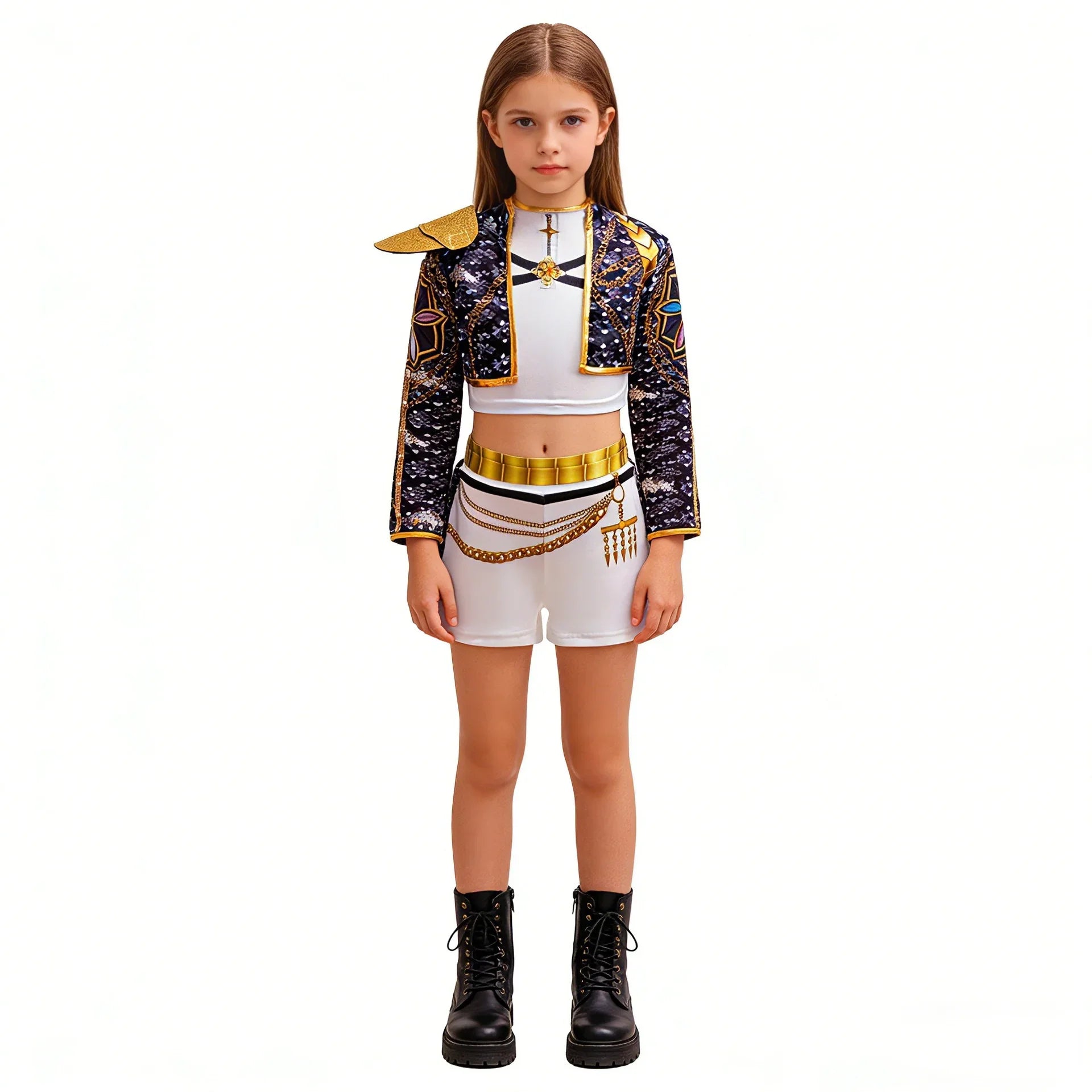 Girls Sequin Hip Hop Dance Outfit Set Crop Top Jacket Shorts with Purple Braid Wig Kids Jazz Stage Costume